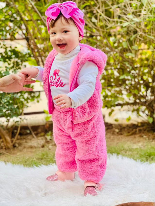 White Barbie Shirt Pink Furry Jacket Pink Fur Trouser