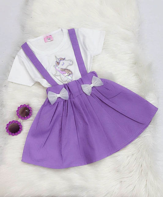 White Unicorn Half Sleeves Top Lavender Skirt Blended Top Cotton Skirt