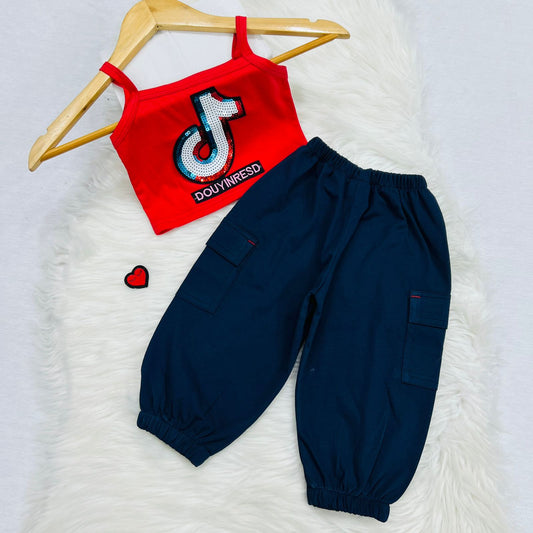 Red Cami Top Navy Blue Pocket Trouser Blended Stuff