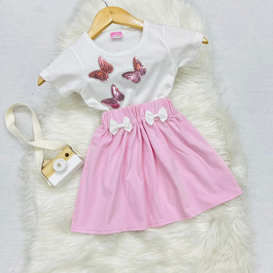 White Sequins Butterfly Top Baby Pink Skirt Blended Stuff