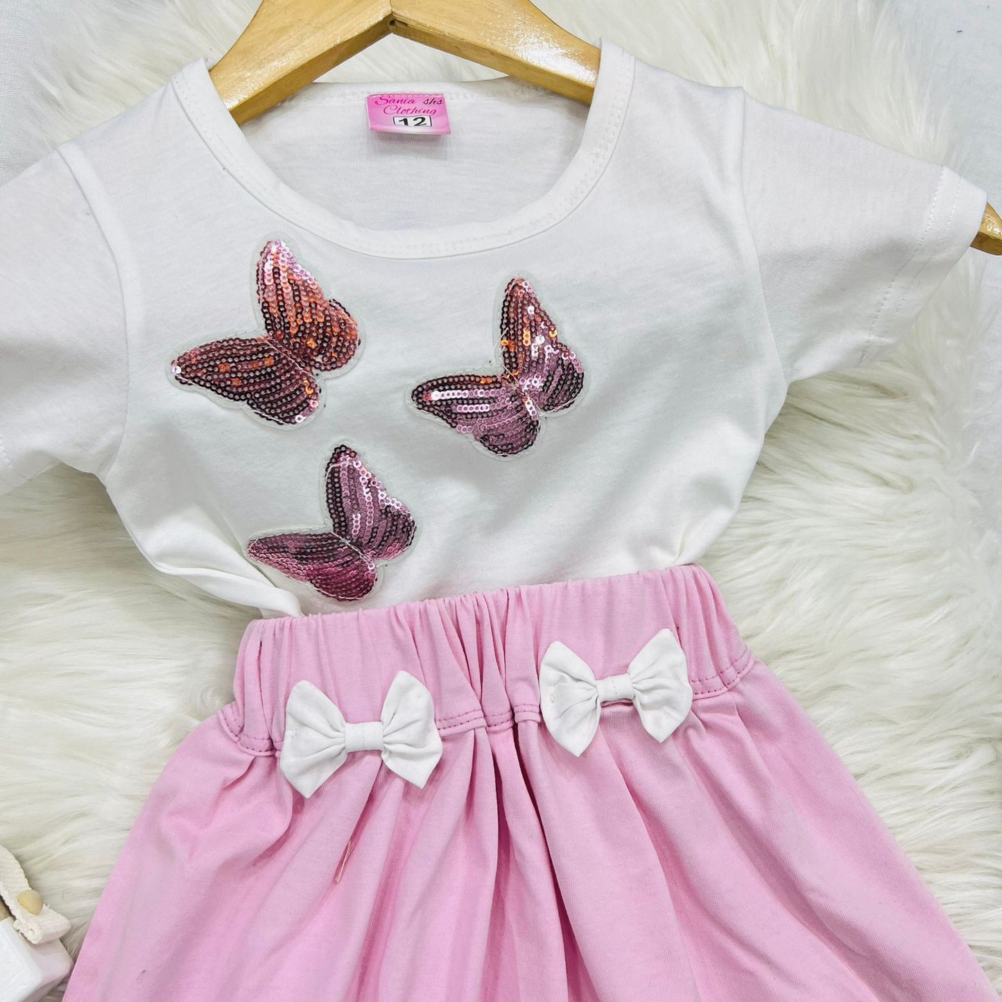 White Sequins Butterfly Top Baby Pink Skirt Blended Stuff