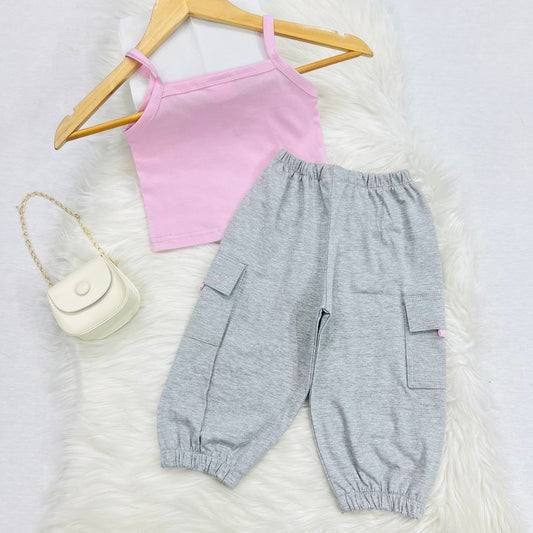 Baby Pink Cami Top Grey Pocket Trouser