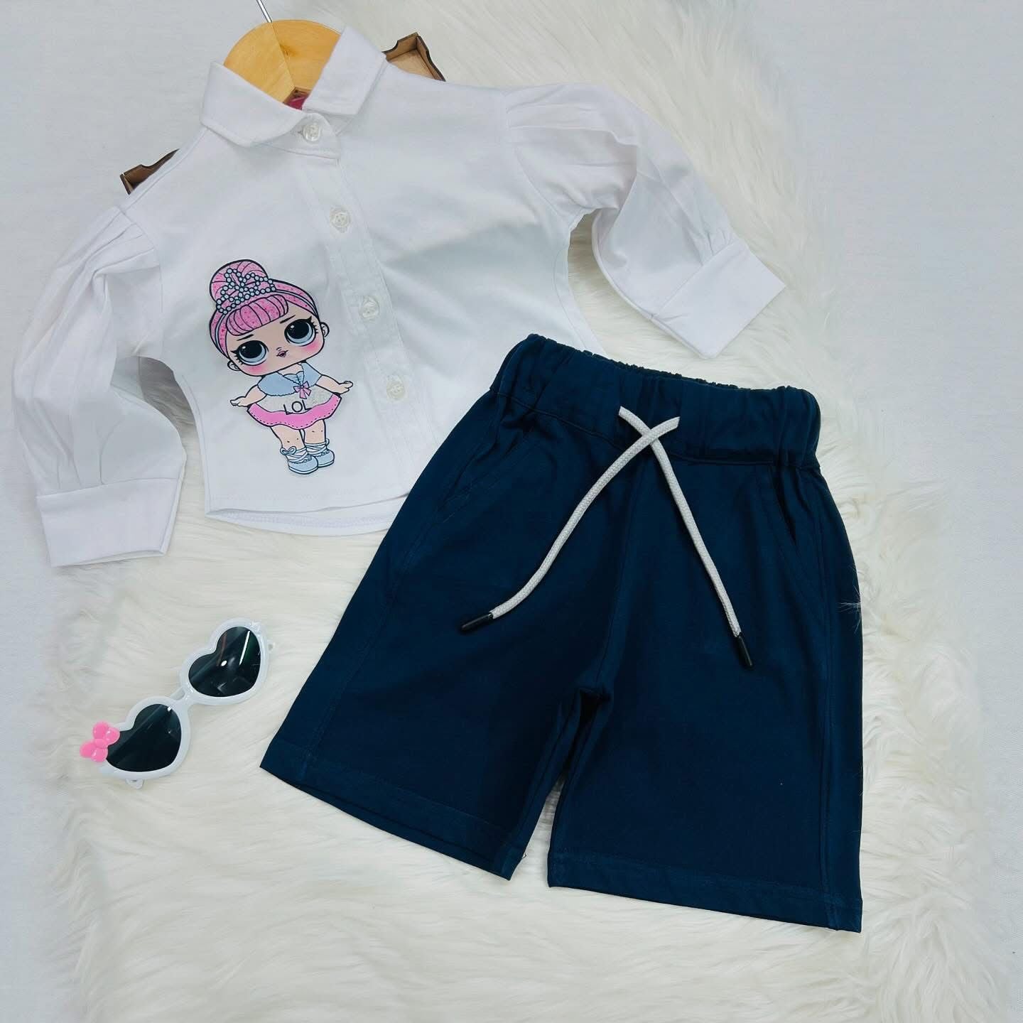 White Doll Top Navy Blue Shorts Blended