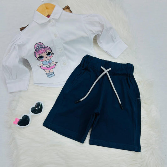 White Doll Top Navy Blue Shorts Blended