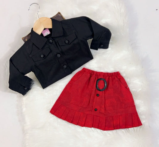 Black Collar Top Red Buckle Skirt Cotton Stuff