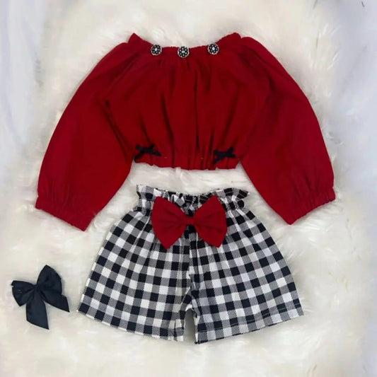 Red Top White Black Check Shorts Cotton