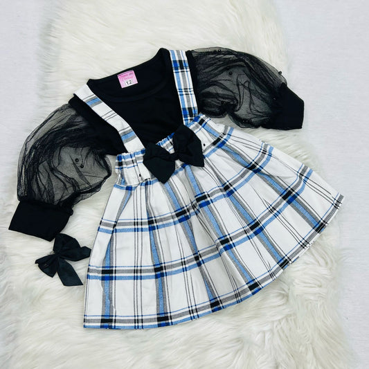 Black Top Net White Blue Check Skirt Cotton Stuff