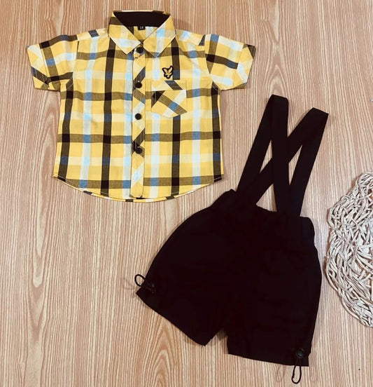 Yellow Check Shirt Black Shorts Cotton