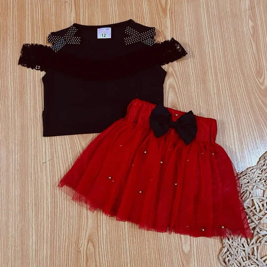 Black Top Sleeves Red Net Skirt