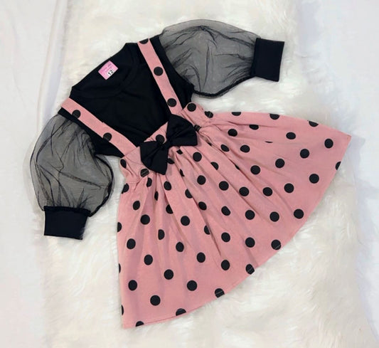 Black Top Net Blended Peach Polka Skirt Cotton