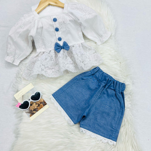 White Chicken Kari Net Frock Blue Denim Shorts