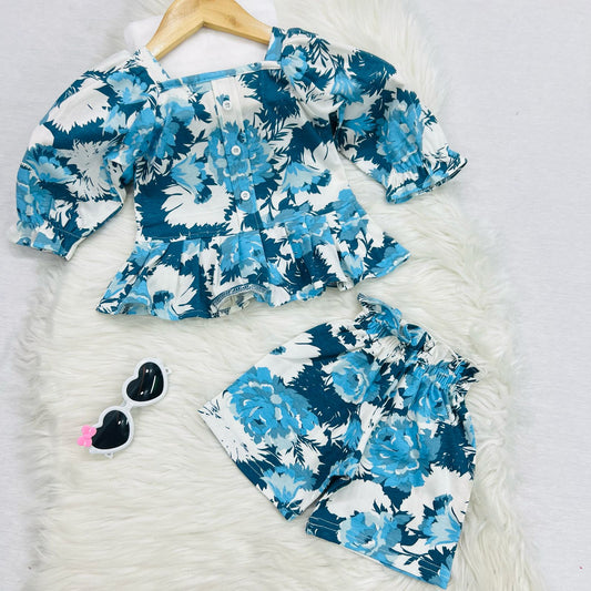 White Blue Floral Frock Shorts Blended Stuff