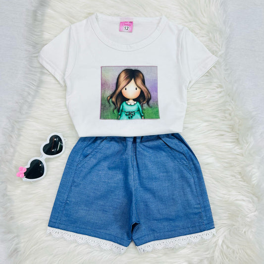 White Doll Blended Top Blue Denim Shorts