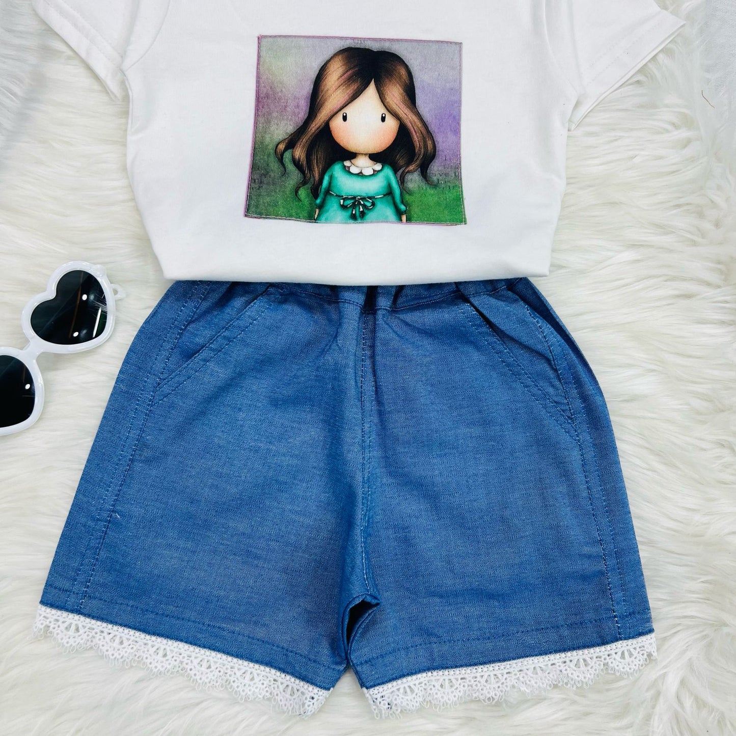 White Doll Blended Top Blue Denim Shorts