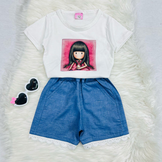 White Doll Top Blended Blue Denim Shorts