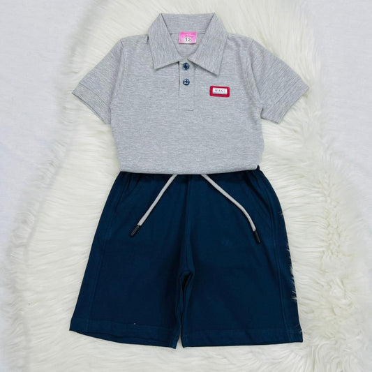 Grey Shirt Navy Blue Shorts Blended