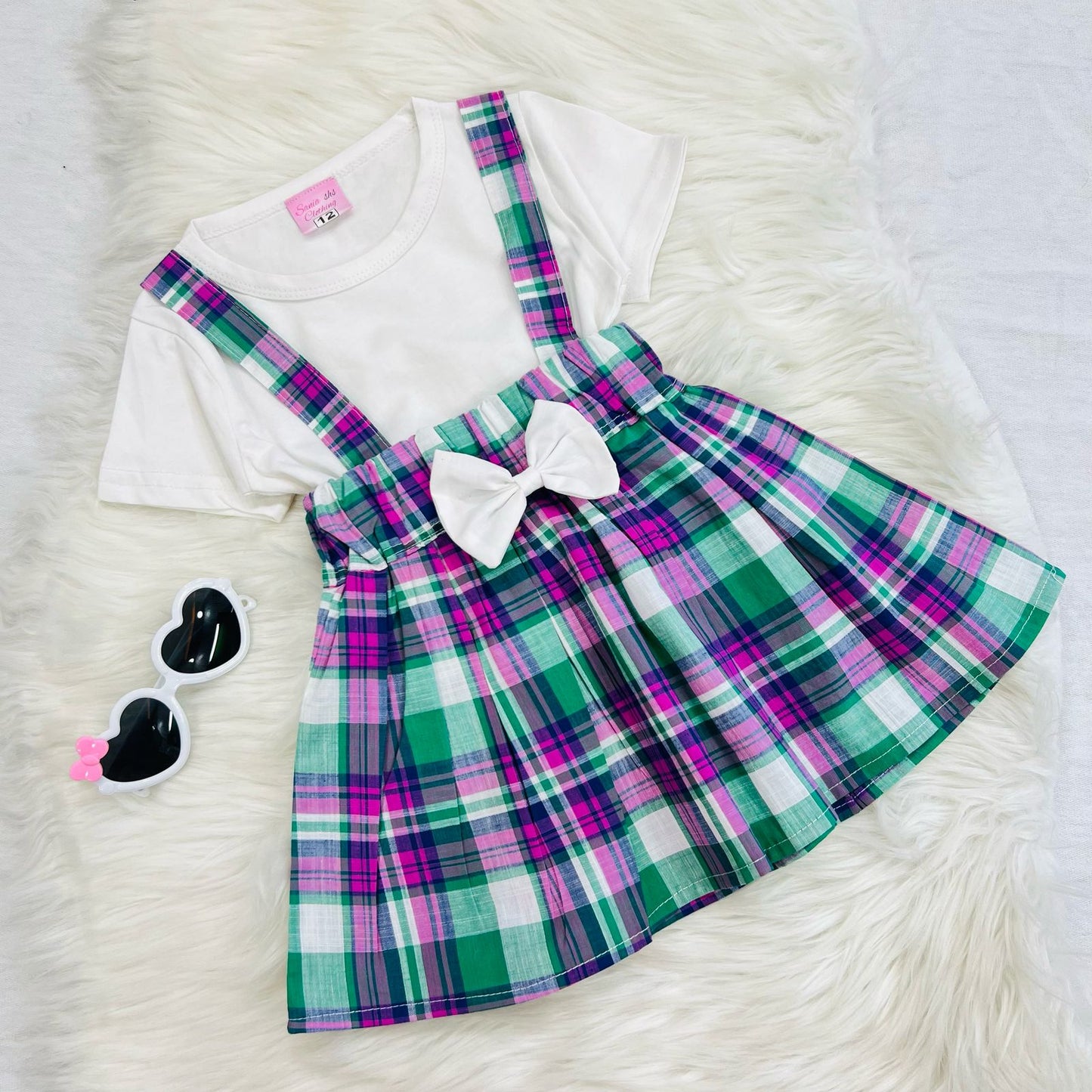 White Top Pink Green Check Skirt Blended Top Cotton Skirt