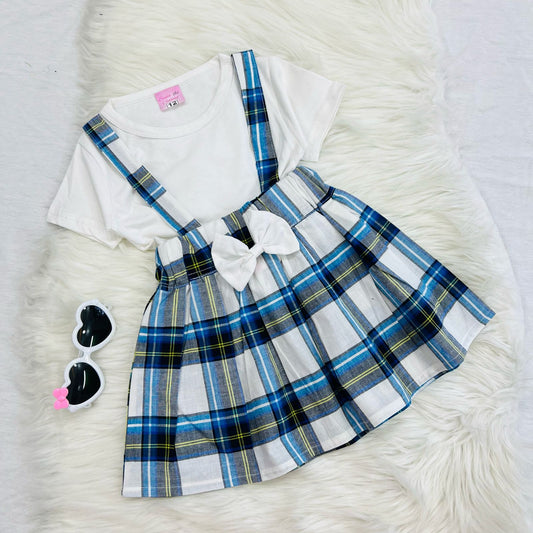 White Top White Blue Check Skirt Blended Top Cotton Skirt