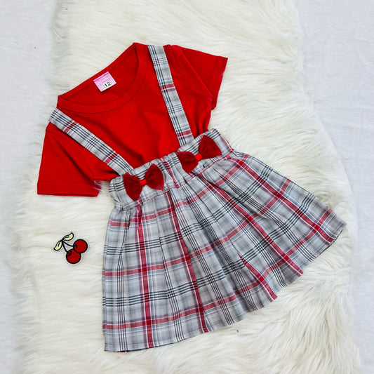 Red Top Grey Red Check Skirt Blended Top Cotton Skirt