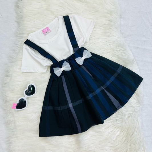 White Top Blue Black Check Skirt Blended Top Cotton Skit