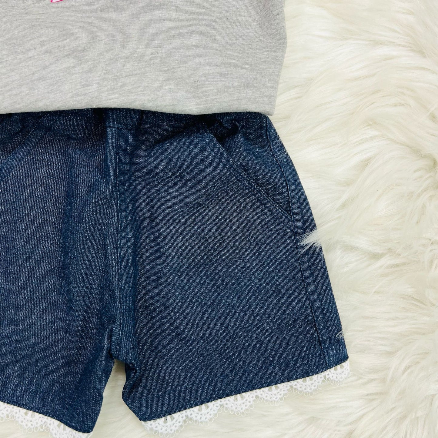 Grey Pink Butterfly Blended Top Navy Denim Short