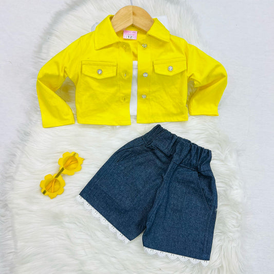White Camisole Top Yellow Jacket Navy Denim Shorts
