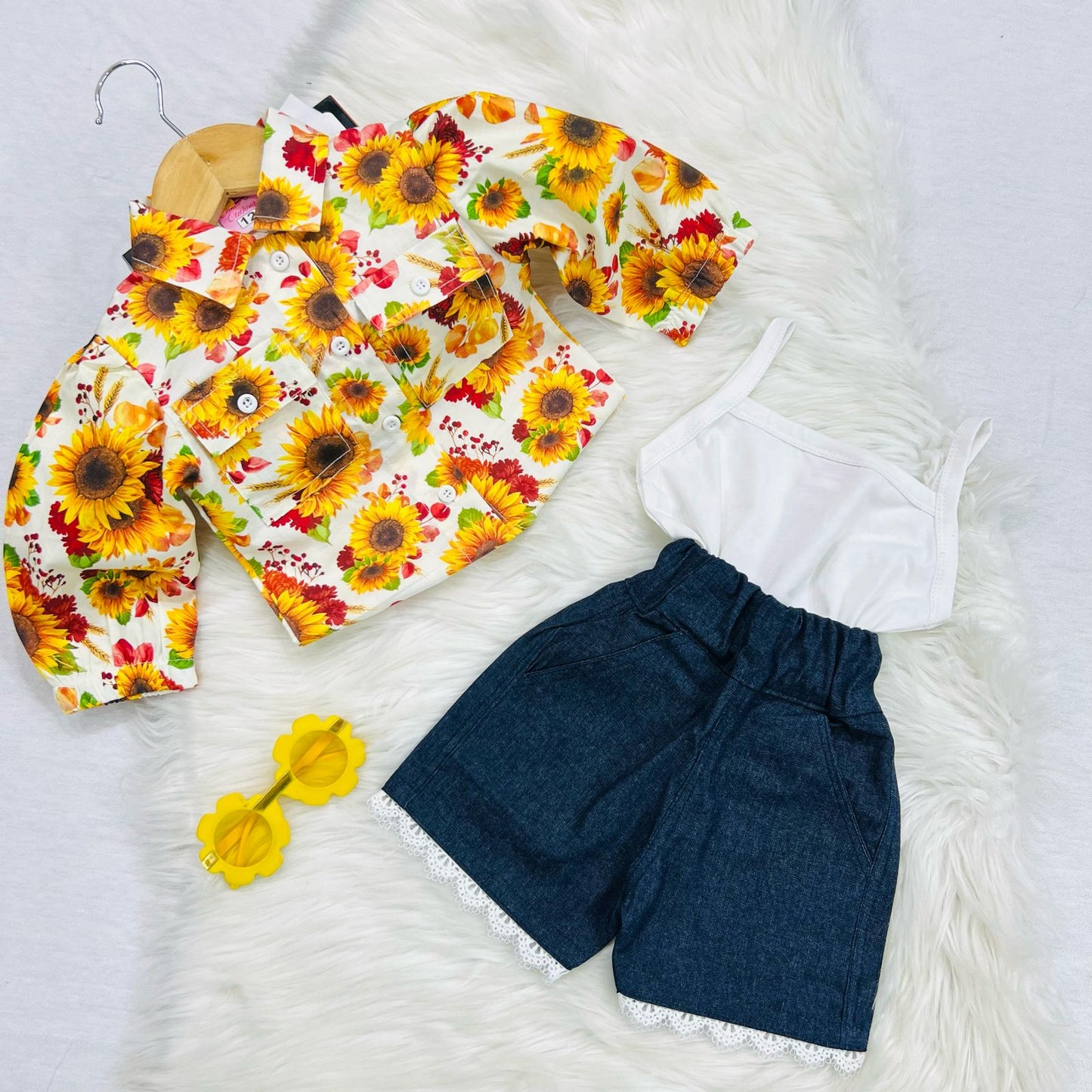 White Camisole Top Sunflower Button Down Shirt Navy Denim Short