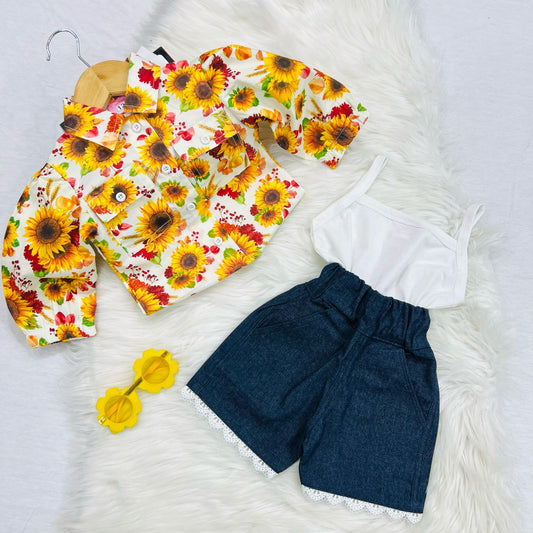 White Camisole Top Sunflower Button Down Shirt Navy Denim Short