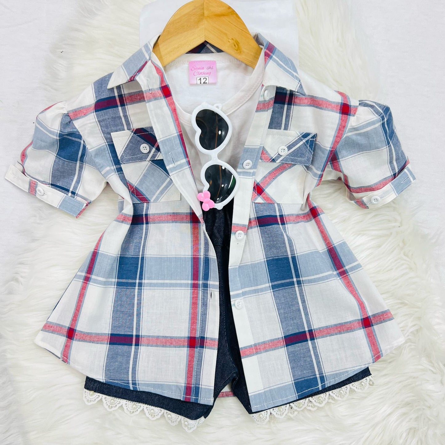 White Blue Check Button Down Shirt White Inner Navy Denim Shorts