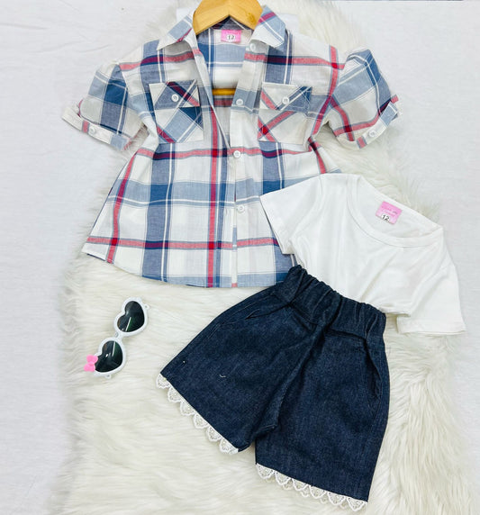 White Blue Check Button Down Shirt White Inner Navy Denim Shorts