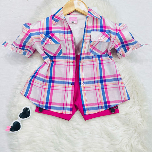 White Pink Check Button Down Shirt White Inner Pink Denim Shorts