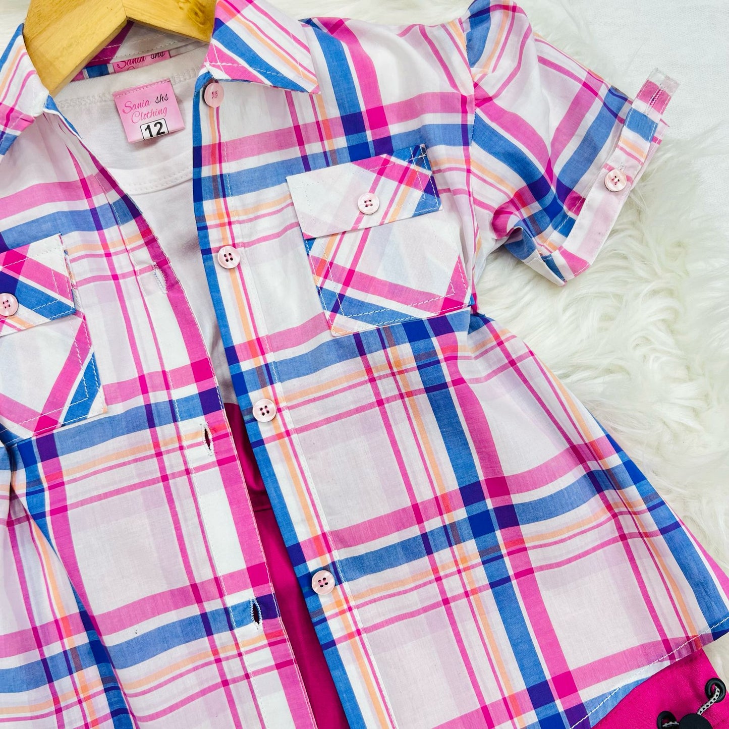 White Pink Check Button Down Shirt White Inner Pink Denim Shorts