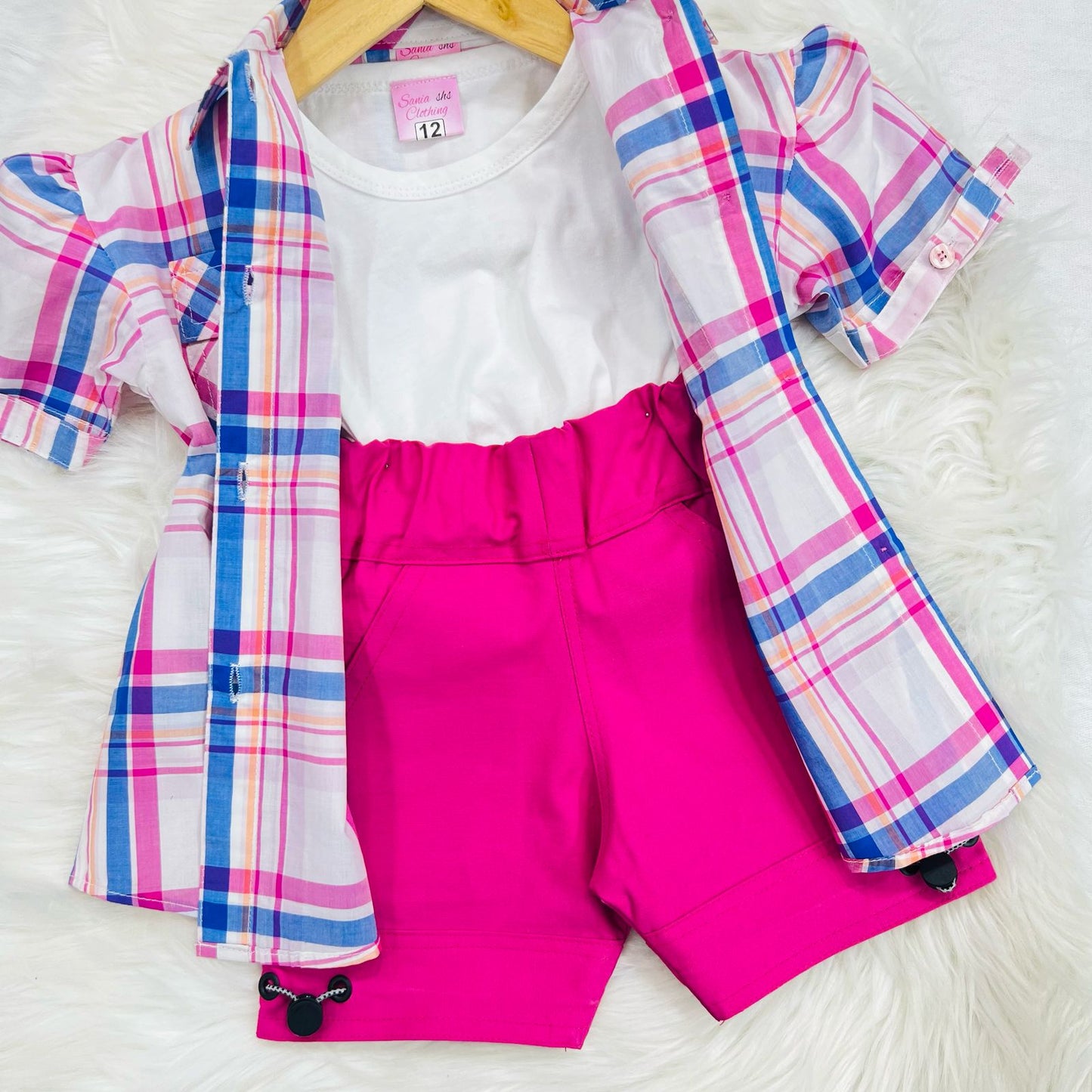 White Pink Check Button Down Shirt White Inner Pink Denim Shorts
