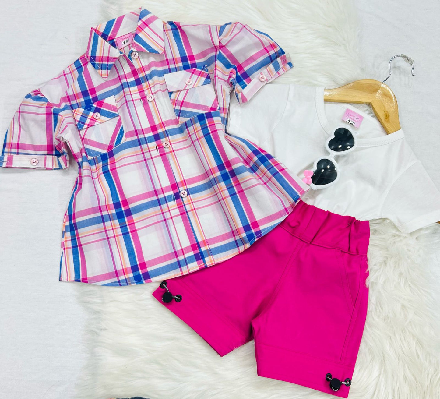 White Pink Check Button Down Shirt White Inner Pink Denim Shorts