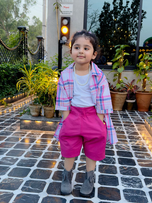 White Pink Check Button Down Shirt White Inner Pink Denim Shorts