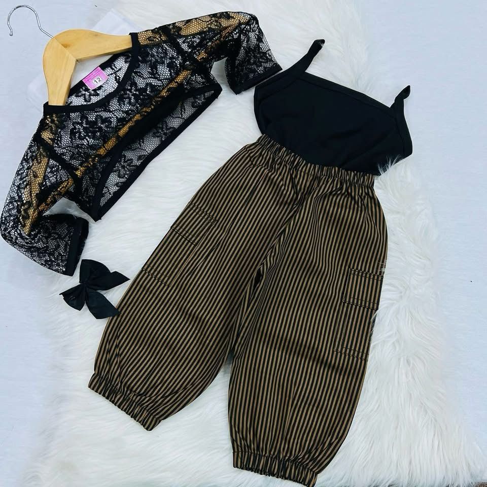 Black Top Black Net Coat Brown Black Striped Trouser Cotton Stuff