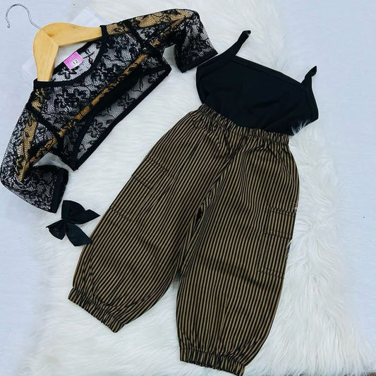 Black Top Black Net Coat Brown Black Striped Trouser Cotton Stuff