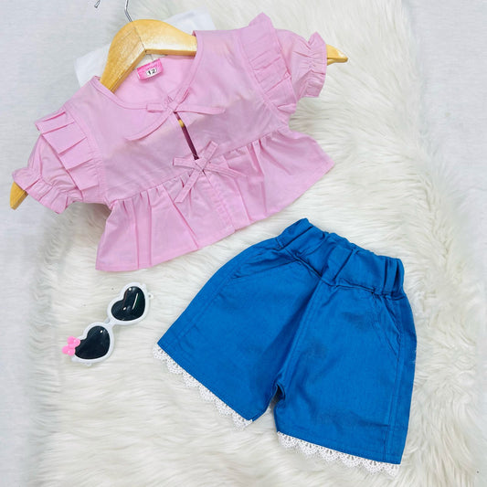 Baby Pink Butterfly Cotton Top Blue Denim Short