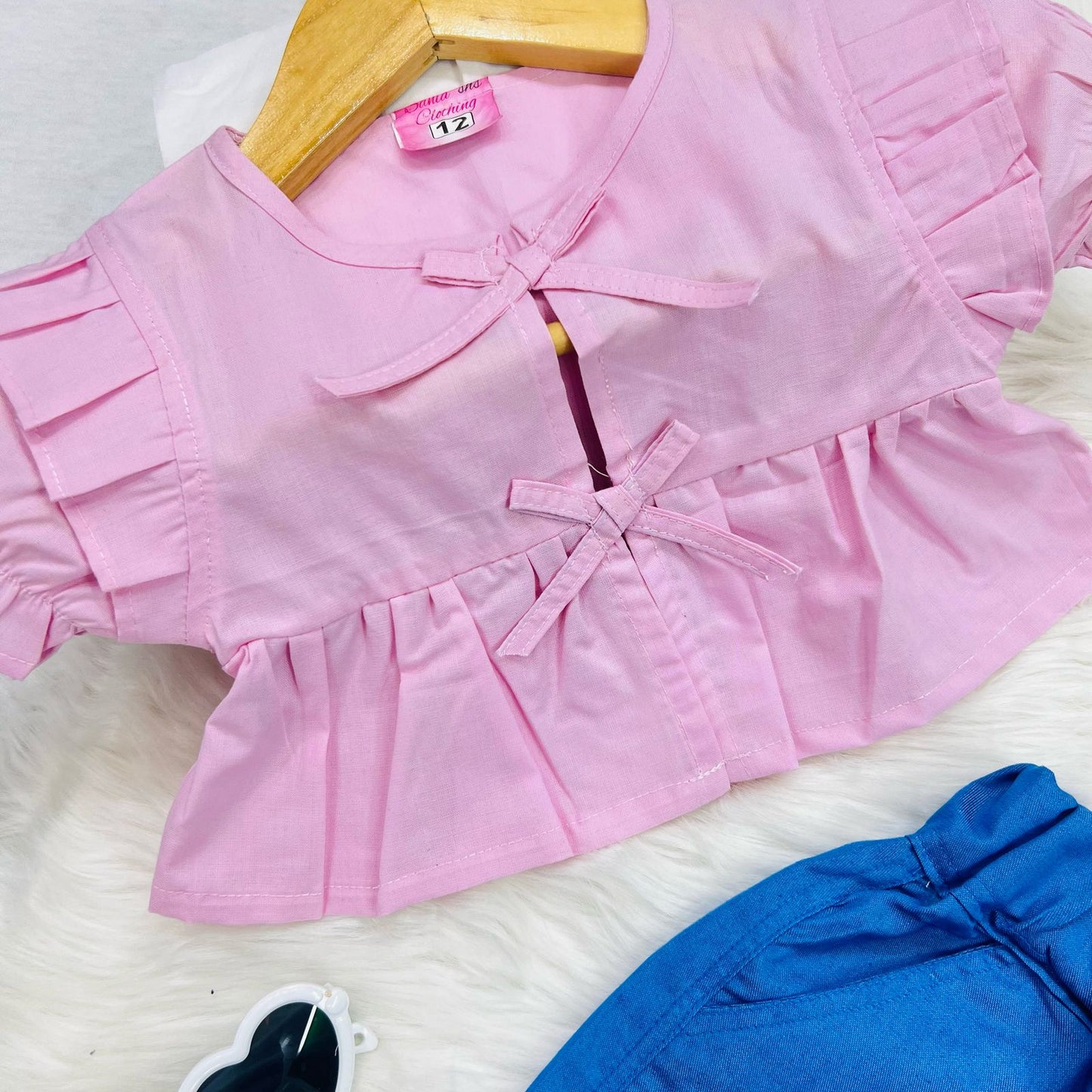 Baby Pink Butterfly Cotton Top Blue Denim Short