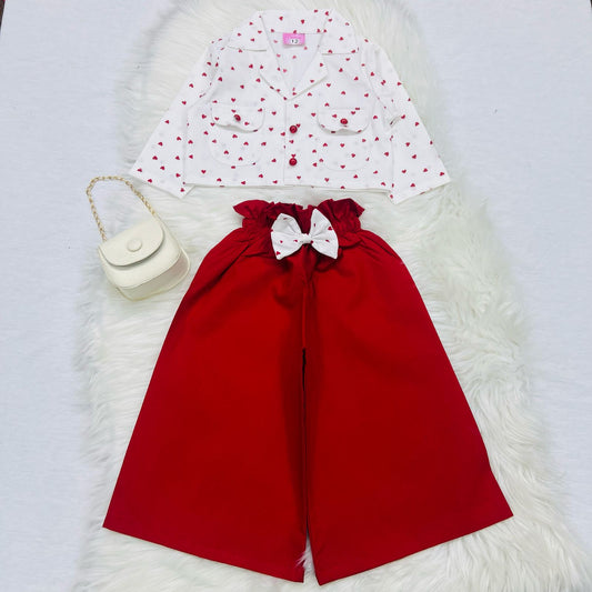 White Heart Print Collar Top Red Plazo Cotton Stuff