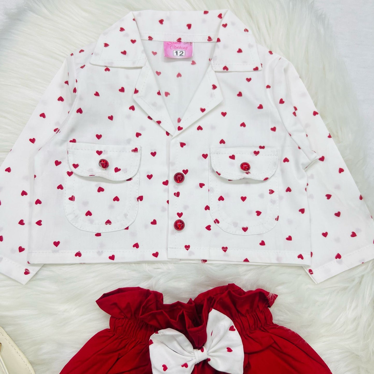 White Heart Print Collar Top Red Plazo Cotton Stuff