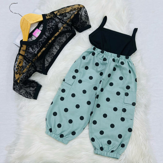 Black Cami Top Black Net Coat Sky Polka Dot Trouser