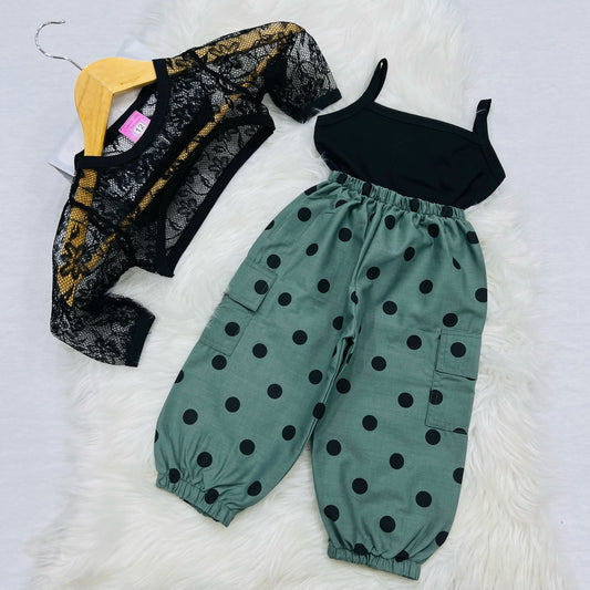 Black Cami Top Black Net Coat Sea Green polka Dot Trousers