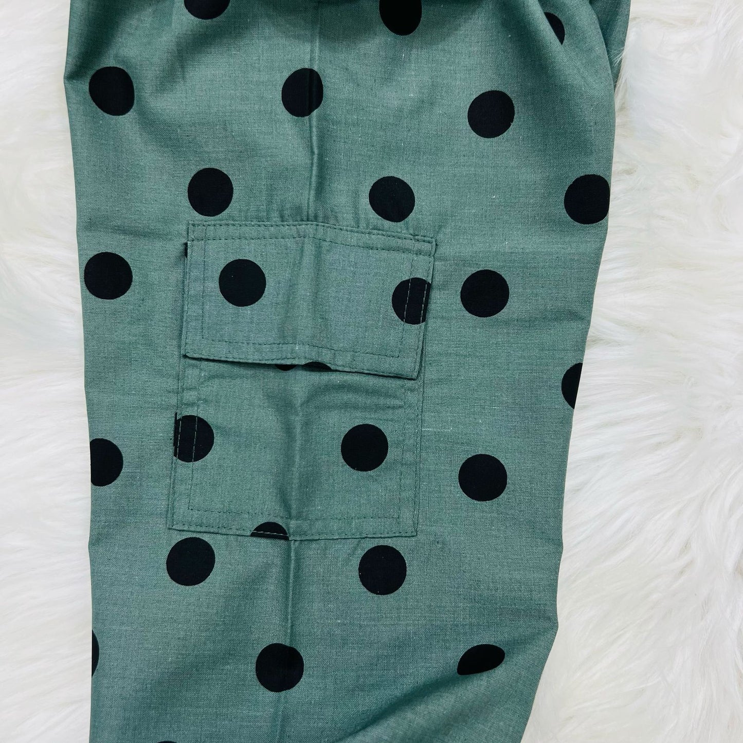 Black Cami Top Black Net Coat Sea Green polka Dot Trousers