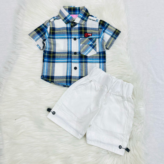 Sky White Check Boy Shirt White Short Cotton Stuff
