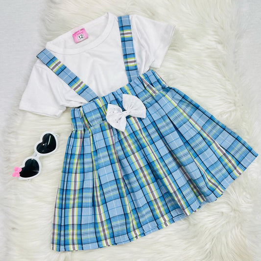 White Top Blended Sky White Check Skirt Cotton