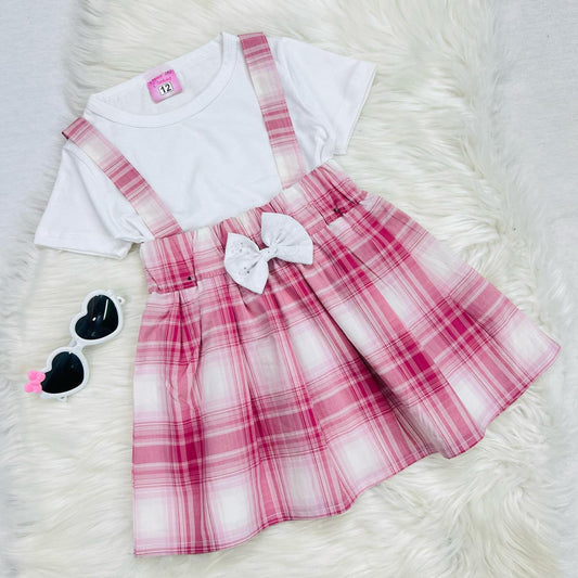 White Top Blended Pink Check Skirt Cotton