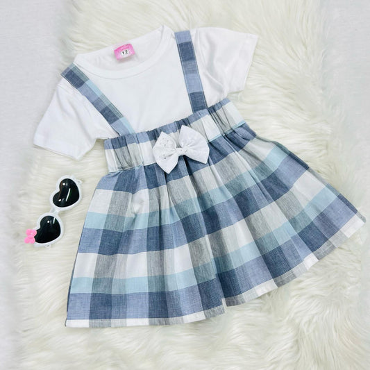 White Top Blended Sky Grey Check Skirt Cotton