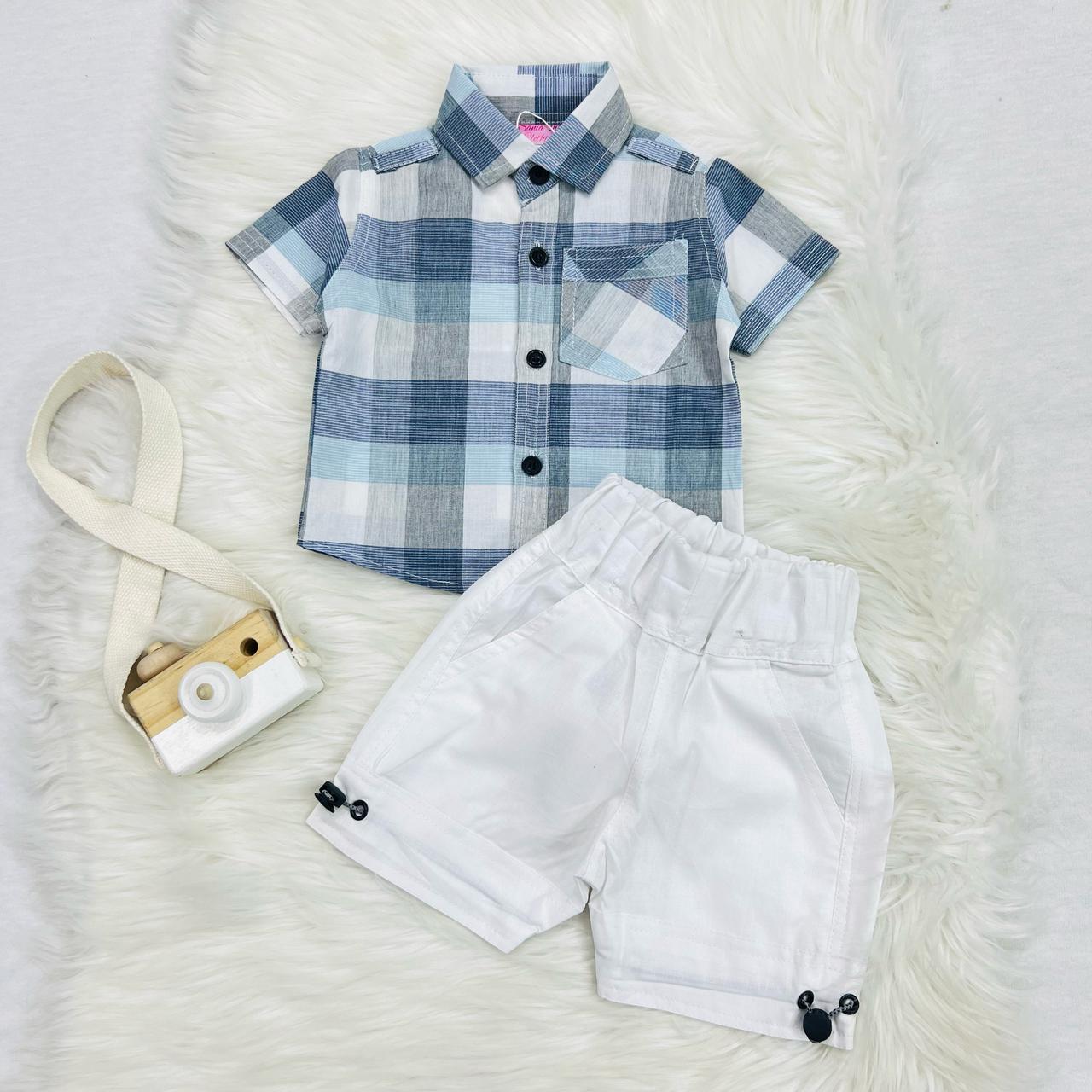 Sky Grey Check Boy Shirt White Shorts Cotton Stuff