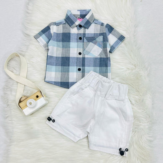 Sky Grey Check Boy Shirt White Shorts Cotton Stuff
